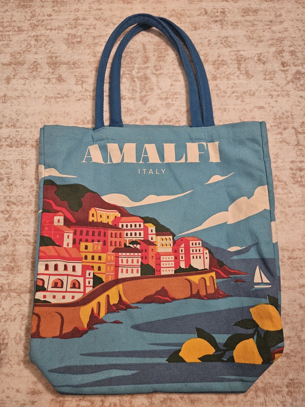 Amalfi Italy Blue Canvas Tote Bag with Coastal Print